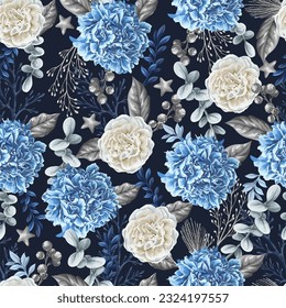 Seamless Christmas pattern with white and blue flowers silver elements. Vector