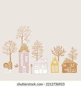 Seamless Christmas pattern with white cottages houses, trees and street lamps on blue background. Graphic illustration. Village  town landscape.