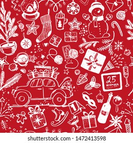 Seamless Christmas pattern of white details with a line on a red background. Doodle sketch for fabric, wrapping paper, design. Stock vector.