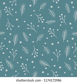 Seamless Christmas Pattern With White Fir Twigs, Berries, Spruce Tree Sprig Stars And Circles On Blue Background, Vector Retro Style