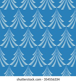 Seamless Christmas pattern. White firs, trees on blue background. Twist stylized ornament of laurel leaves. Winter, New Year, nature texture. Vector