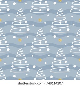 seamless christmas pattern with white hand drawn pine tree and gold dot glitter on blue background