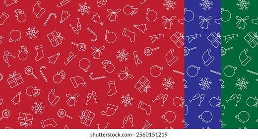 A seamless Christmas pattern with white linear symbols, snowflakes, Christmas trees, gifts, and more on a red, blue, and green background.