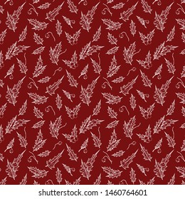Seamless Christmas pattern of white outline holly leaves and berries on red background. New Year's floral pattern. Vector hand drawn illustration.
