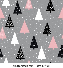 Seamless Christmas pattern. white, pink and black Christmas trees, snow on a gray background. vector texture. fashionable print for textiles and packaging.