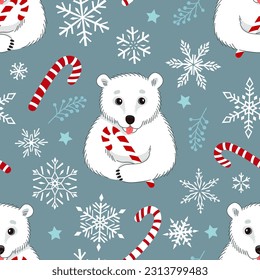A seamless Christmas pattern with a white polar bear holding a candy cane. Winter vector modern illustration with snowflakes.