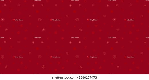 Nahtloses Weihnachtsmuster mit weißen und roten Schneeflocken, elegantem "Frohe Weihnachten"-Text und dekorativen roten Schleifen auf dunkelrotem Hintergrund. Flacher Vektorstil, festliches und minimales Design