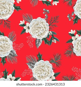 Seamless Christmas pattern with white roses and silver elements. Vector