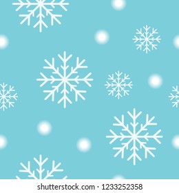 Seamless christmas pattern with white snow flakes and snow balls on turquoise blue christmas background Simple retro style design for wrapping paper, prints, scrapbooking, Vector eps10