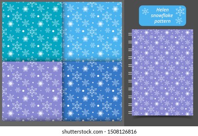 Seamless christmas pattern of white snowflakes for winter background. Vector illustration of repeat new year pattern in the blue for wrapping paper, scrapbook, textile, wallpaper, cover design.