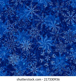 Seamless Christmas pattern, white snowflakes on abstract blue background with curves and circles. Eps10, contains transparencies. Vector