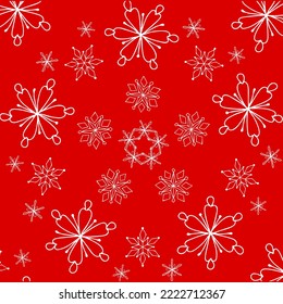 Patrón navideño sin foco de copos de nieve blancos sobre fondo rojo. Dibujado en estilo de garabato. Diseño de fondos de pantalla, fondos, postales, embalaje, salvapantallas, regalo, papel.