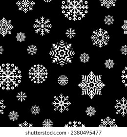 Seamless Christmas pattern with white snowflakes on black background. Winter decoration. Happy new year, cold season snowfall. Vector illustration