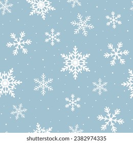 Nahtlose Weihnachtsmuster mit weißen Schneeflocken auf blauem Hintergrund. Winterdekoration. Fröhliche Weihnachten und glückliche Vektorgrafik für das neue Jahr.