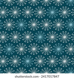 Seamless Christmas pattern with white snowflakes on dark blue background. Winter decoration.