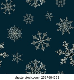 Seamless Christmas pattern white snowflakes on dark blue background. Simple Christmas seamless pattern with geometric motifs. New year vector ornament. Design web, wrapping, wallpaper, cover, textile.