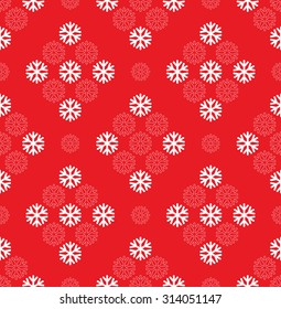 Seamless Christmas pattern of white snowflakes on red background. New year holidays gift paper print. Vector illustration.