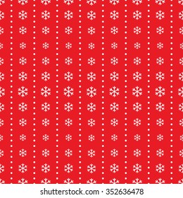 Seamless Christmas pattern of white snowflakes and beads in garlands on red background. New year holidays gift paper print. Vector illustration.