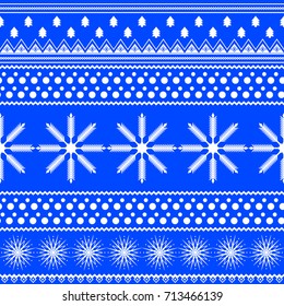 Seamless christmas pattern with white snowflakes and fir-trees on a blue background