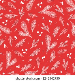 Patrón de Navidad sin inconvenientes con ramas de abeto blanco, bayas y puntos. Ilustración vectorial sobre fondo rojo.