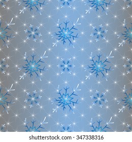 Seamless christmas pattern with white-blue gradient snowflakes and white stars (vector eps 10)