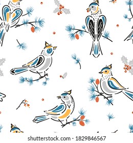 Seamless Christmas Pattern with Winter Birds, Pine Branches, Leaves and Holly Berries. Vector Background for Winter Holidays, Christmas and New Year Design