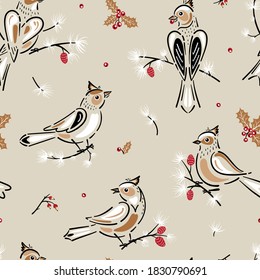 Seamless Christmas Pattern with Winter Birds, Pine Branches, Leaves and Holly Berries. Vector Background for Winter Holidays, Christmas and New Year Design