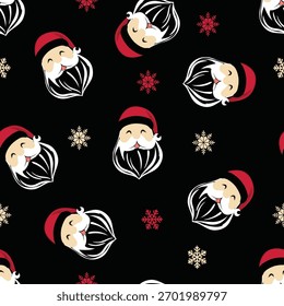 Padrão de Natal perfeito. Fundo preto de inverno com Papai Noel bonito e flocos de neve. Pode ser usado para papéis de parede, embalagem, cartões, padrões para roupas, têxteis e outros.