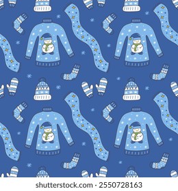 Seamless Christmas pattern with winter clothes on blue background. Sweater and hat, mittens and warm socks, scarf. Snowing. Colorful vector illustration hand drawn doodle. New Year holiday print