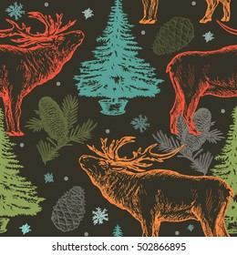Seamless christmas pattern winter deer background, christmas pattern with reindeer