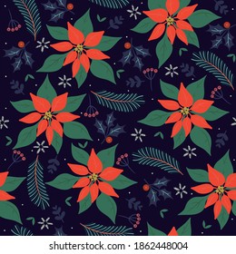Seamless Christmas pattern with winter flora. Vector graphics.