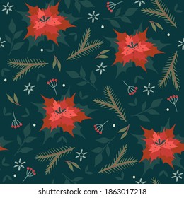 Nahtloses Weihnachtsmuster mit Winterflora. Vektorgrafiken.
