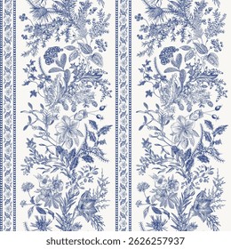 Seamless christmas pattern. Winter flora. Climbing floral vertical stripes. Blue and white. NOT AI generated