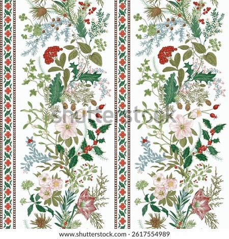Seamless christmas pattern. Winter flora. Climbing floral vertical stripes. Colorful