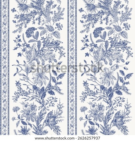 Seamless christmas pattern. Winter flora. Climbing floral vertical stripes. Blue and white. NOT AI generated