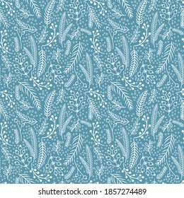 Seamless Christmas pattern with winter frost lace ornament white on blue. Beautiful vintage background for gift wrapping paper, cards, wallpaper
