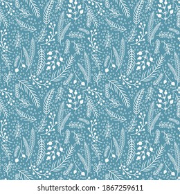 Seamless Christmas pattern with winter frost lace ornament white on blue. Beautiful luxury vintage background for gift wrapping paper, cards, wallpaper