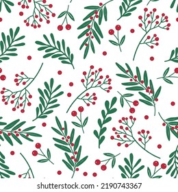 Seamless Christmas pattern with winter green plants and red berries. Design for Holidays decoration, wrapping paper, print, fabric or textile. Vector illustration.