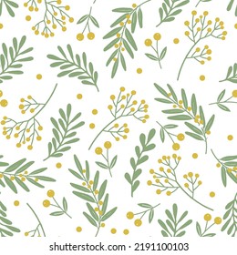 Patrón navideño sin foco con plantas verdes de invierno y bayas amarillas. Diseño para la decoración de vacaciones, papel de envoltura, impresión, tela o textil. Ilustración vectorial.