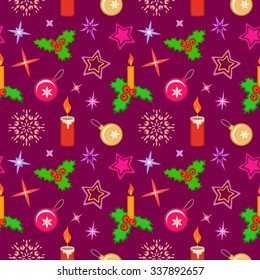 Seamless christmas pattern. Winter, holiday texture. Holly berry, candle, ball, star, snowflake colorful icons. New Year tree decorations on dark magenta background. Vector 