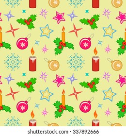 Seamless christmas pattern. Winter, holiday texture. Holly berry, candle, ball, star, snowflake colorful icons. New Year tree decorations on light, gold background. Vector 
