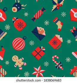 Seamless Christmas pattern. Winter holidays background design of icons. Vector texture for gift wrap, wallpaper, web banner background, wrapping paper and fabric patterns