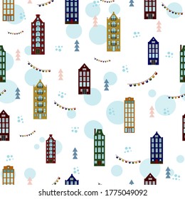 Seamless Christmas pattern with winter houses, christmas trees, urban landscape, lights and snowfall. Happy holidays. City decorations. Merry Christmas.Vector illustration in cartoon style. 