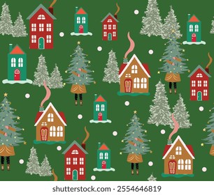 seamless christmas pattern with winter houses, trees and other elements.