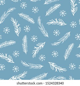 Seamless Christmas pattern with winter plants and snowflakes. Vector illustration.