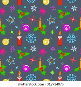 Seamless christmas pattern. Winter theme texture with holly berry, candles, light, balls, stars, snowflakes. Colored christmas tree decorations on gray background. Vector illustration.