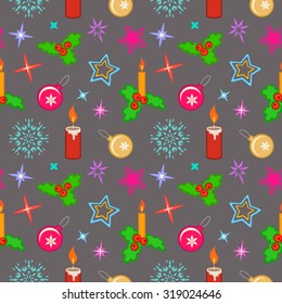 Seamless Christmas pattern. Winter theme texture with holly berry, candles, light, balls, stars, snowflakes. Colored Christmas tree decorations on gray background. Vector illustration.