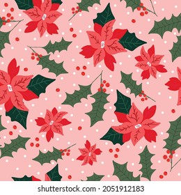 Seamless Christmas pattern. Wonderful poinsettia flowers and red berries on a pink background. vector texture. trend print for textiles and packaging.