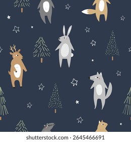 Seamless Christmas Pattern with Woodland Animal Characters and Stylized Trees on Blue Background