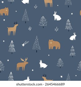 Seamless Christmas Pattern with Woodland Animals and Stylized Trees on a Blue Background